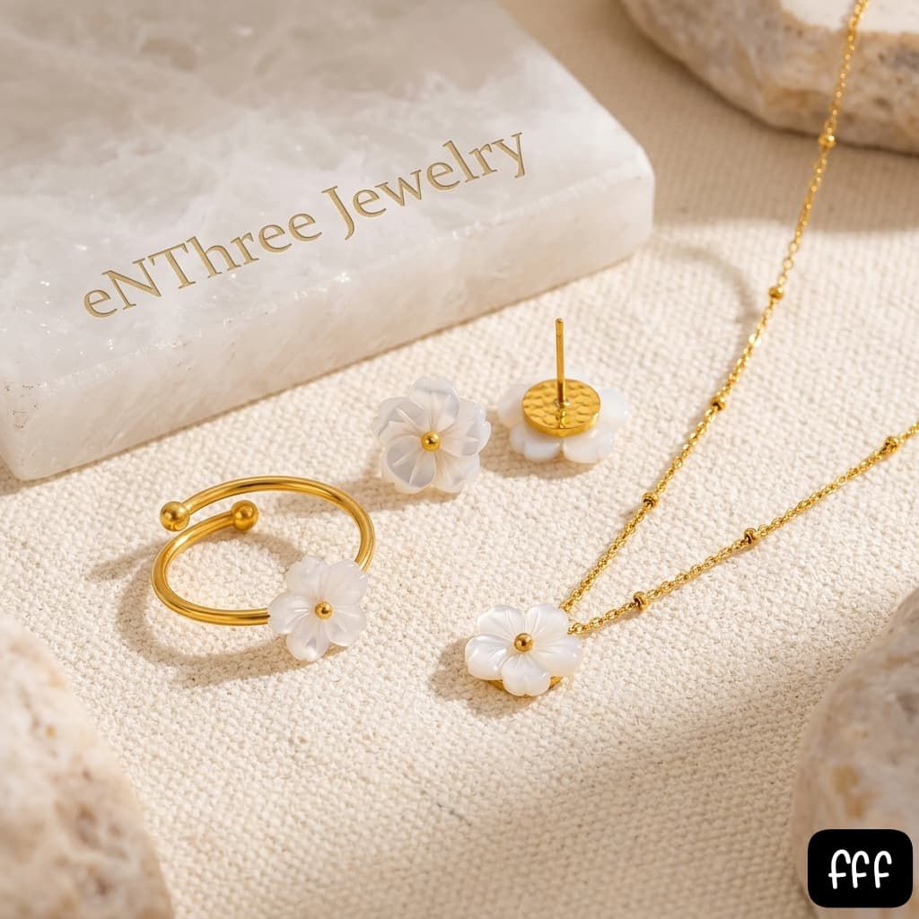 Set Perhiasan Titanium Asli Gold Seri Bunga Putih Elegant Mirip Emas Asli