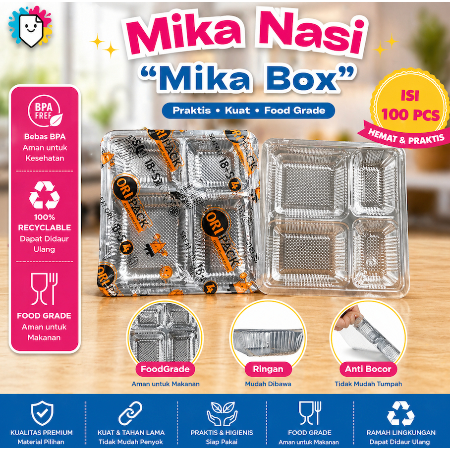 [Isi 50pcs] Mika Nasi 4 Sekat / Mika 18x18 / Mika Kotak Nasi / Mika Sekat / Mika Nasi / Mika Kotak /