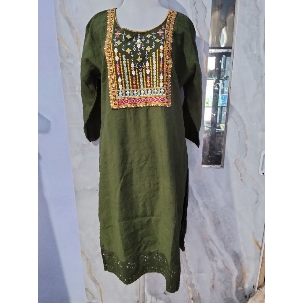 (PRELOVED) Kurti India Hijau Army Bordir Ld 120 Pb 100 _Jumbo Midi