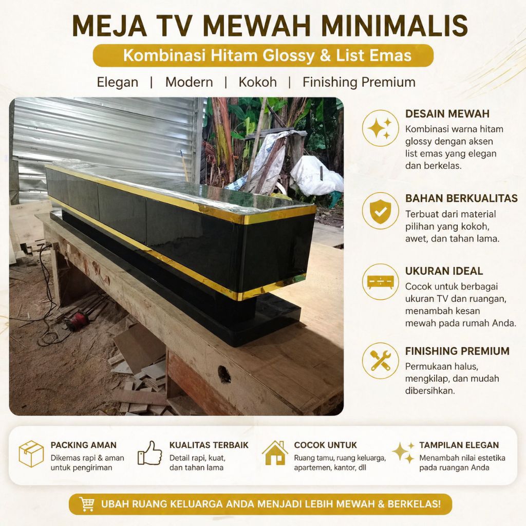 Meja TV Minimalis Mewah Hitam Glossy List Gold Rak TV Modern Bufet TV Panjang Premium