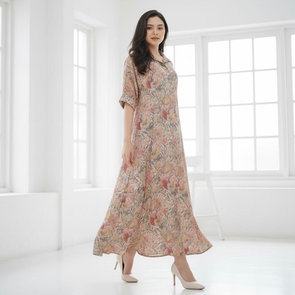 Tazkia Maxi Dress Daster Motif Wanita Cantik Adem Elegan Lengan 3/4 Busui Firendly Nyaman Dipakai Ra