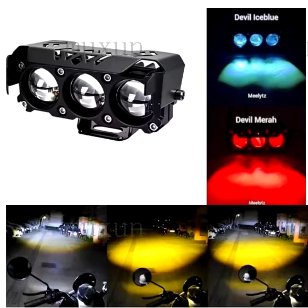 Lampu Sorot Motor X-CASE LED 3 Mata Super Terang, Sorot Jauh & Dekat, Tahan Air IP67