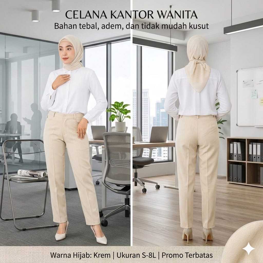 Celana Kerja Kantor Reguler Formal Cream Pinggang Kancing Resleting Wanita - DEJIFA