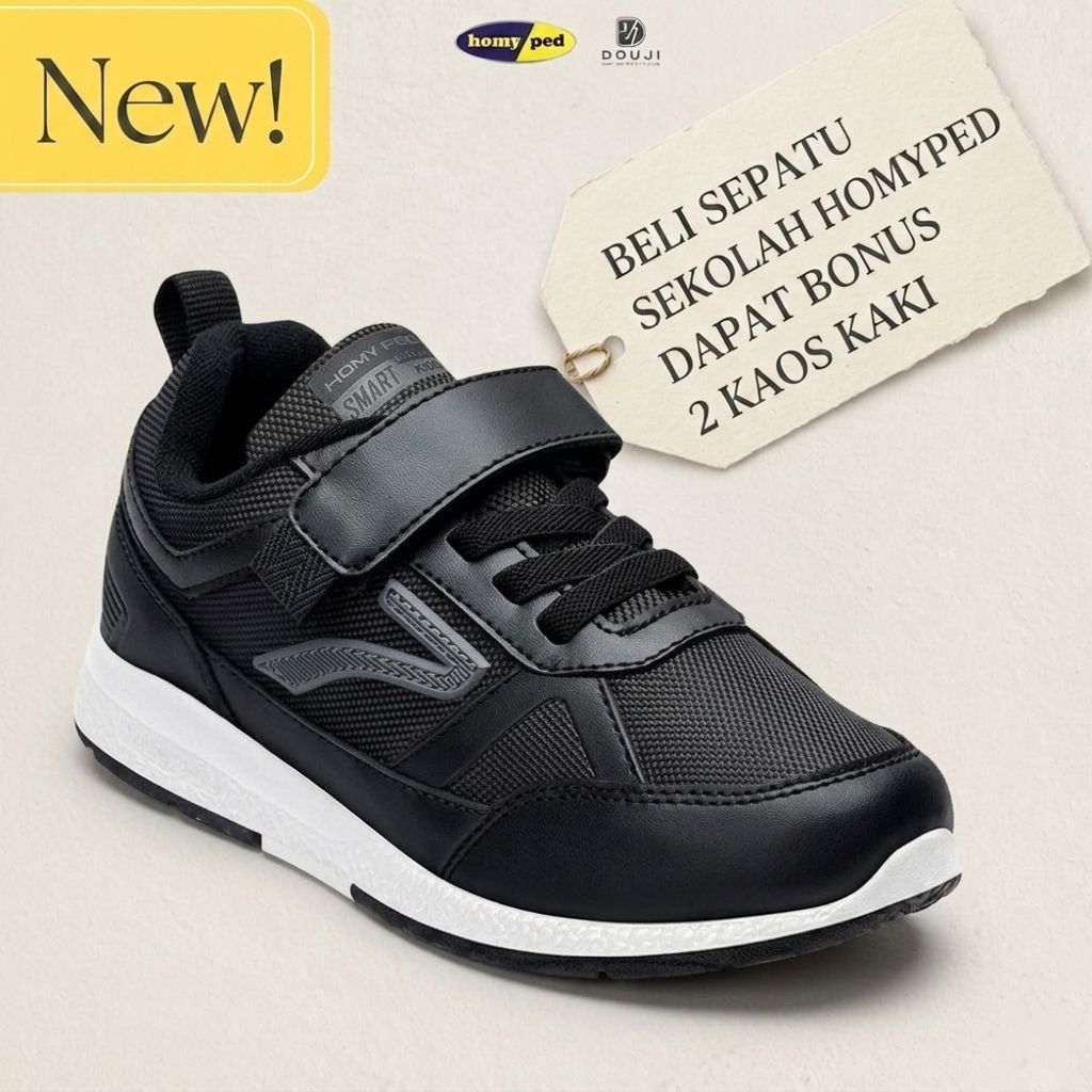 Sepatu sekolah anak Homyped  Perekat Variasi Tali HITAM PUTIH GRATIS 2PASANG KAOS KAKI