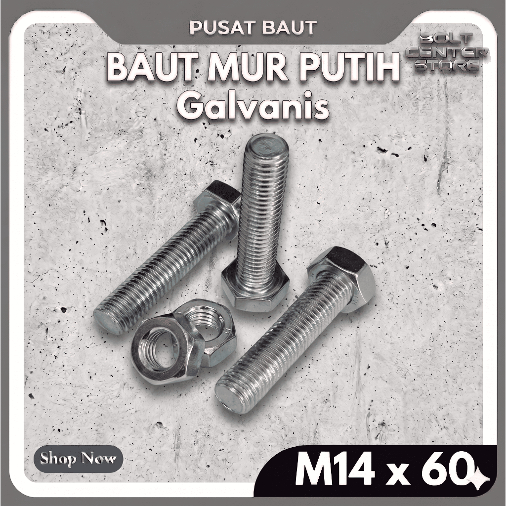 M14 X 60 BAUT MUR PUTIH M14x60 BMP M14 x 60mm HEX GALVANIS