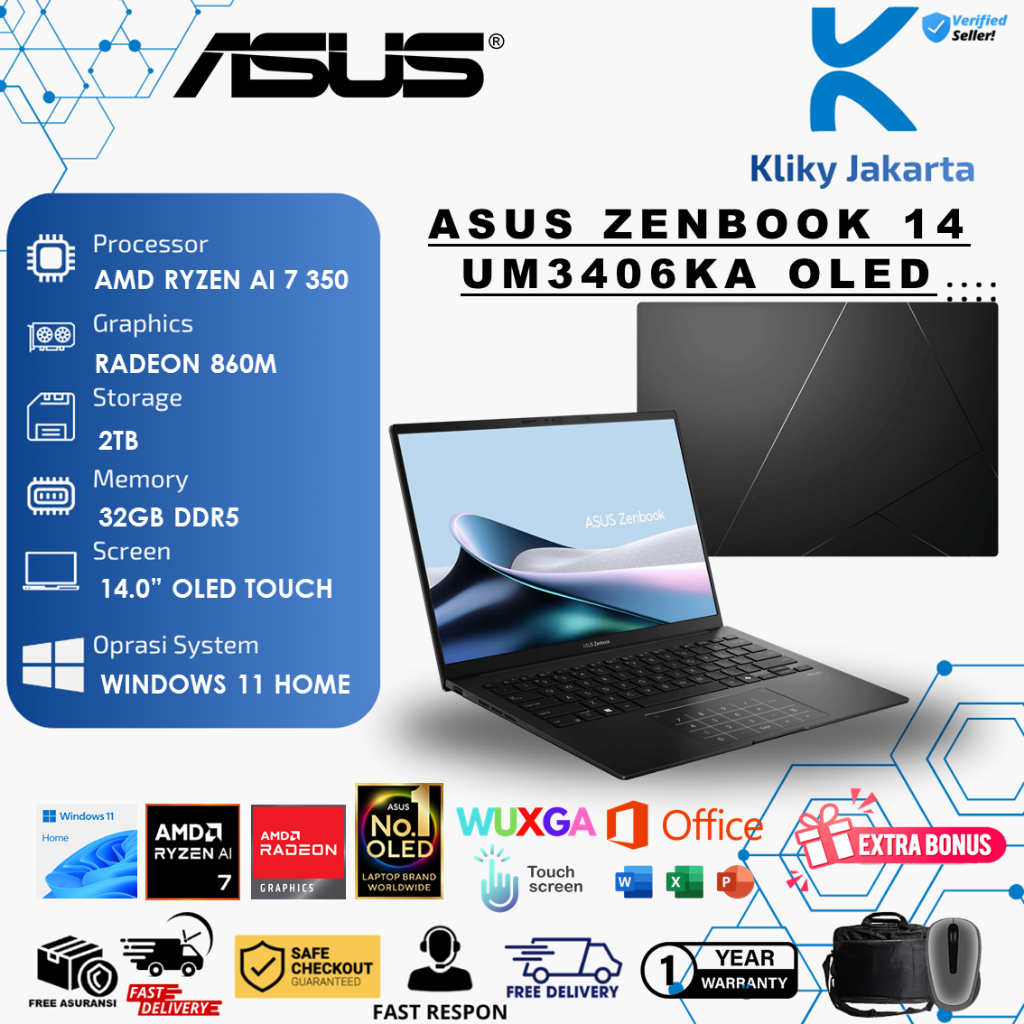 Laptop Asus Zenbook OLED 14 UM3406KA Ryzen AI 7 350 32GB 2TB 14.0 WUXGA Touch Windows 11 Home