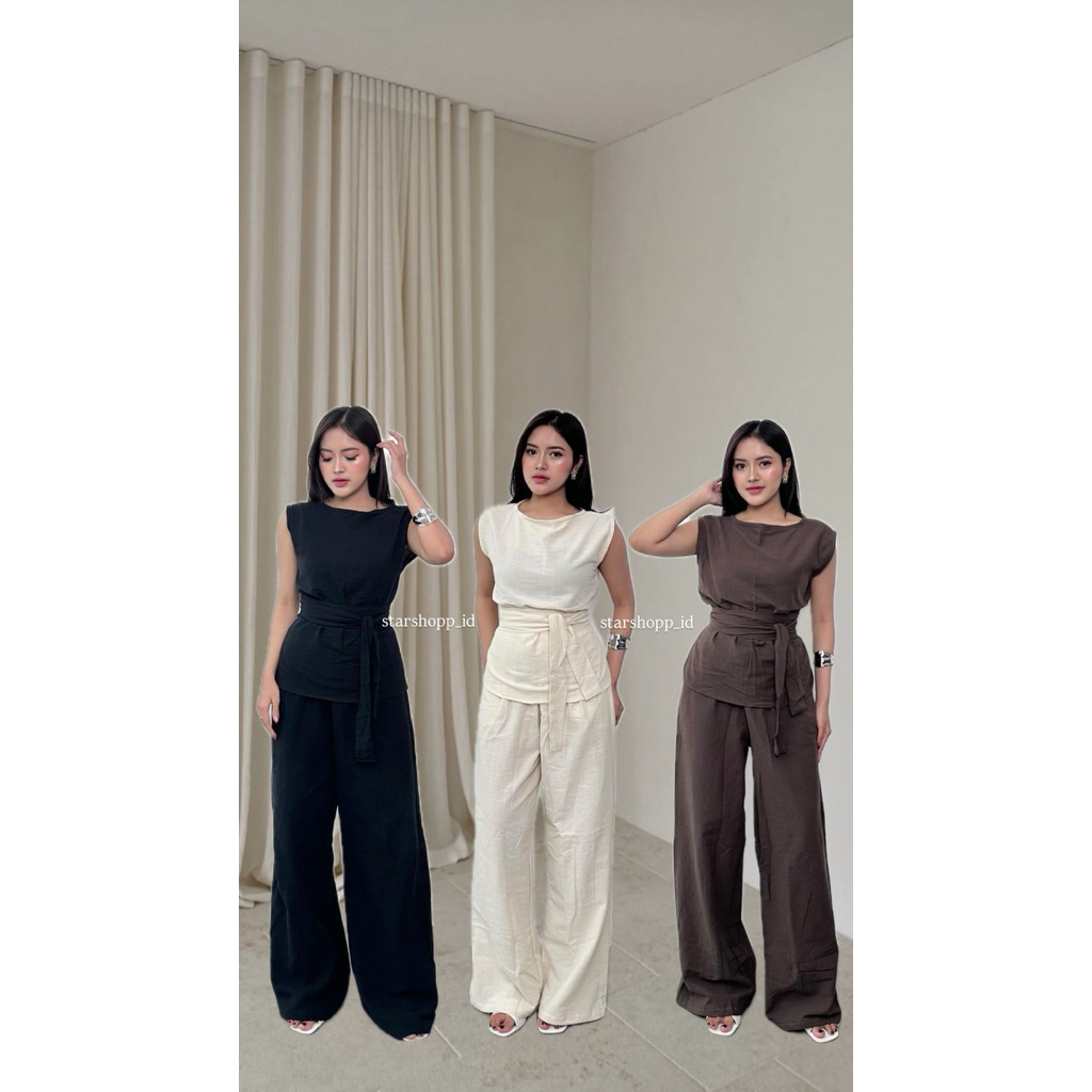 lyodra set linen/one set linen/linen set celana panjang