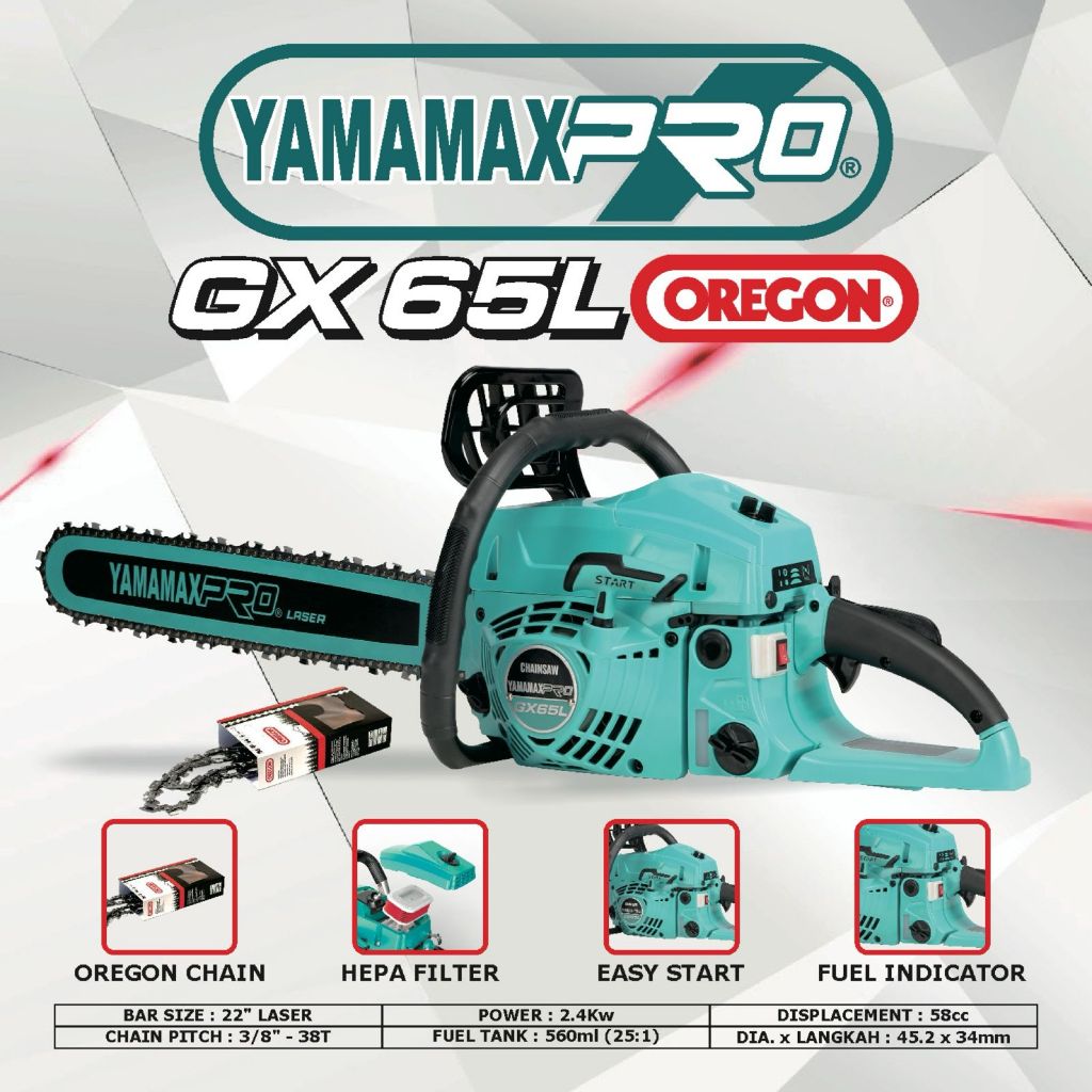 YAMAMAX OREGON GX 65L/GX65L/GX 65 L BAR LASER Warna Tosca Chainsaw/Chain Saw/Mesin Gergaji 22 Inch R