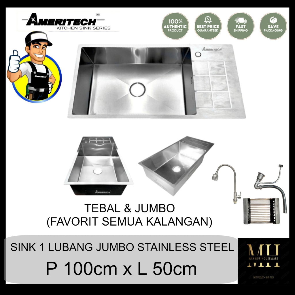 SINK WASTAFEL CUCI PIRING 1 LUBANG STAINLESS JUMBO / SINK BAK CUCI PIRING JUMBO STAINLESS STEEL