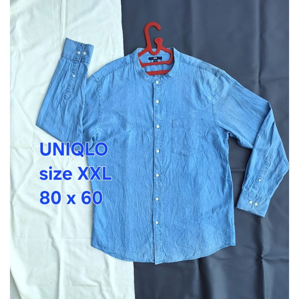 Baju Kemeja UNIQLO Sanghai Koko Denim Lengan Panjang Pria XXL jumbo