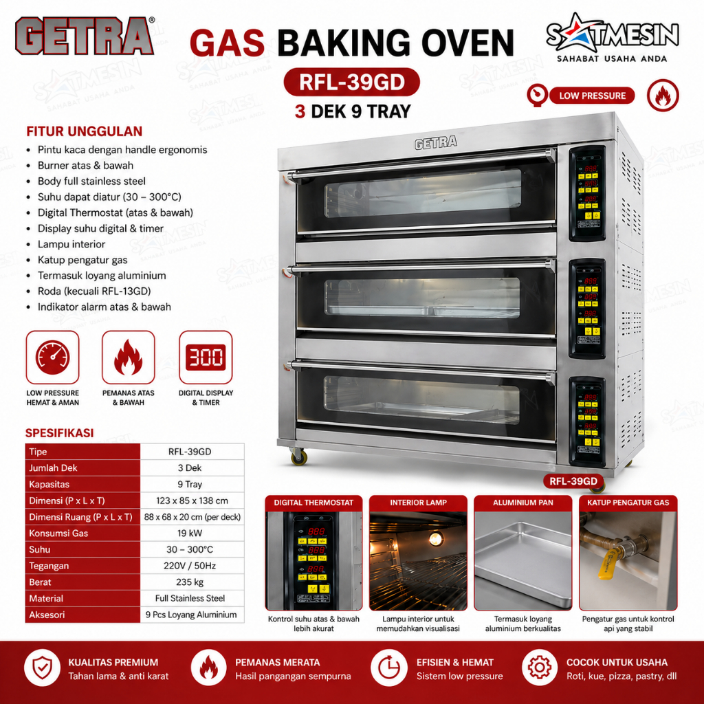 Satmesin Oven Gas 3 Deck 9 Tray Rfl-39GD – Oven Roti Kue Komersial Getra Stainless Steel Digital The