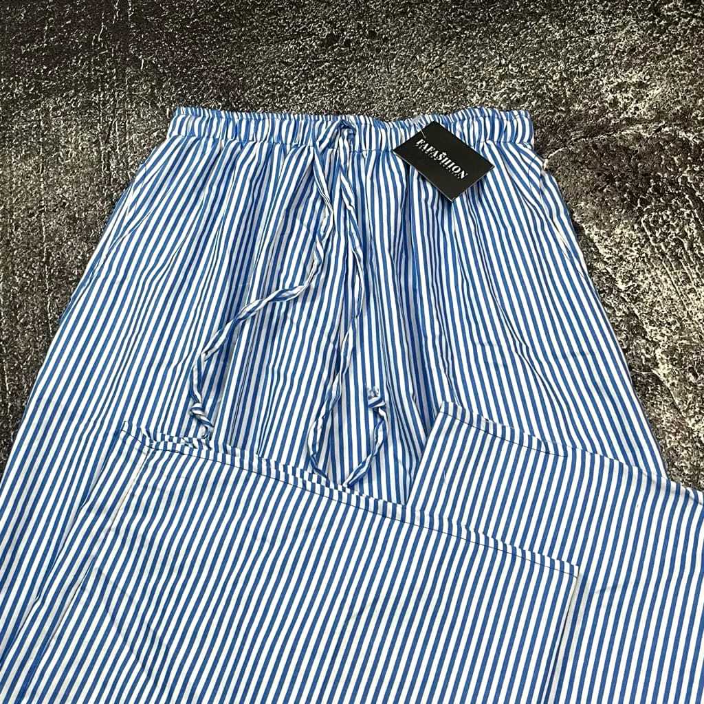 Celana Panjang Wanita Highwaist - Pinggang Karet, Saku Praktis, Pola Garis-garis