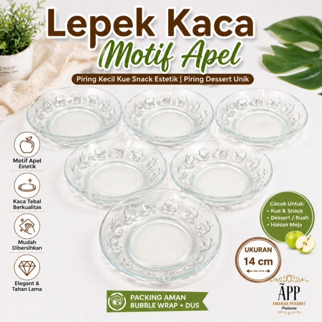 lepek kaca motif apel untuk kopi isi 6 Pcs | piring kecil kue snack estetik | piring dessert unik