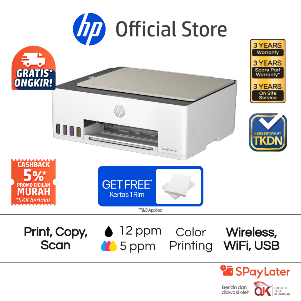 Printer HP Smart Ink Tank 583 / 580 All in One Print Scan Copy Wifi USB Fotocopy Color Colour Warna 