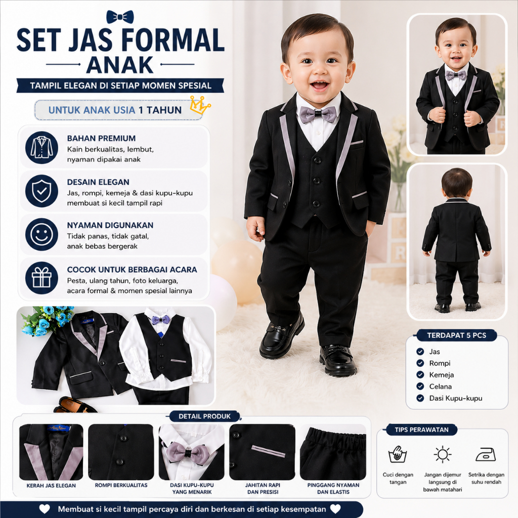 SALE Setelan Jas Anak Laki Hitam Usia 1 2 Tahun Premium HITAM 8in1- Jas Pesta Anak Cowok Tuxedo HIta