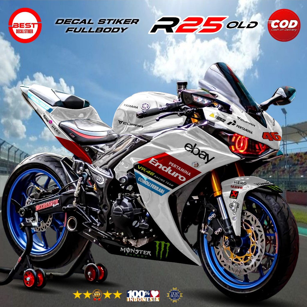 Decal Stiker Fullbody Motor Yamaha R25 Old Putih Merah Biru Desain Sporty Racing