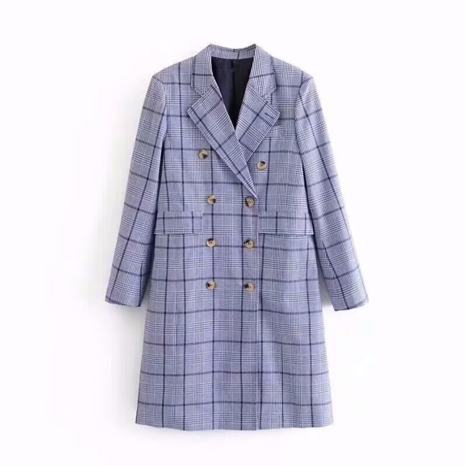 Namirazka Coat Wanita Panjang Kotak-Kotak Biru | Korean Style Basic Cotton Long Coat Trendy Outer Ce
