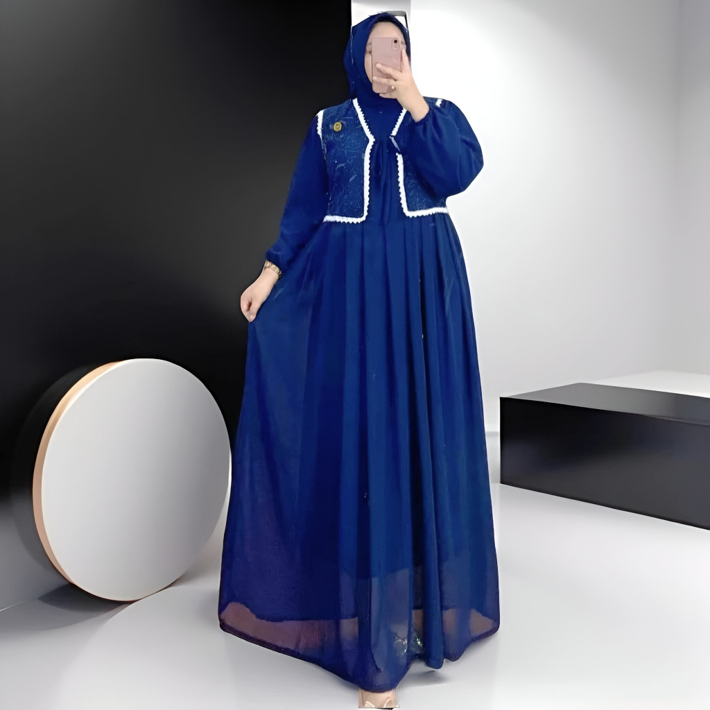 Mustika Colections Gamis Ceruty Babydoll Premium Mix Rompi Brokat Full Furing Warna Navy | Gamis  Mu
