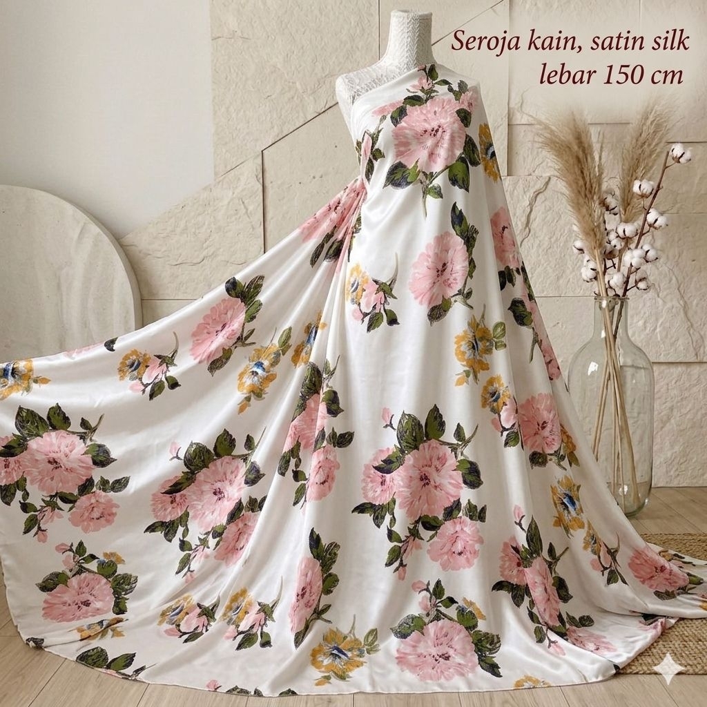 Kain Satin Silk Motif Floral Pink Putih - Lebar 150cm Lq