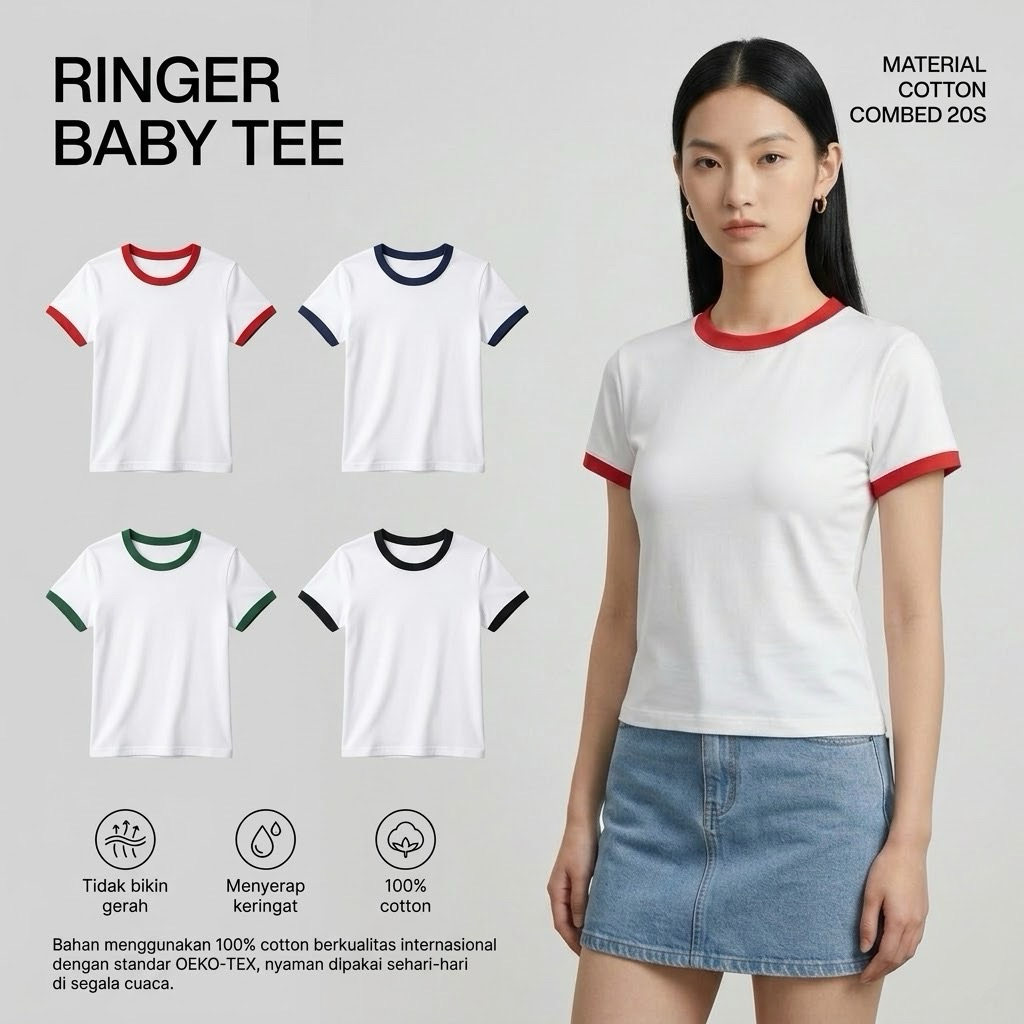 BASELANE Ringer Baby Tee Cotton 20s / T-Shirt Ringer Tee Baby Tee Women / Kaos Ringer Tee Wanita Pol