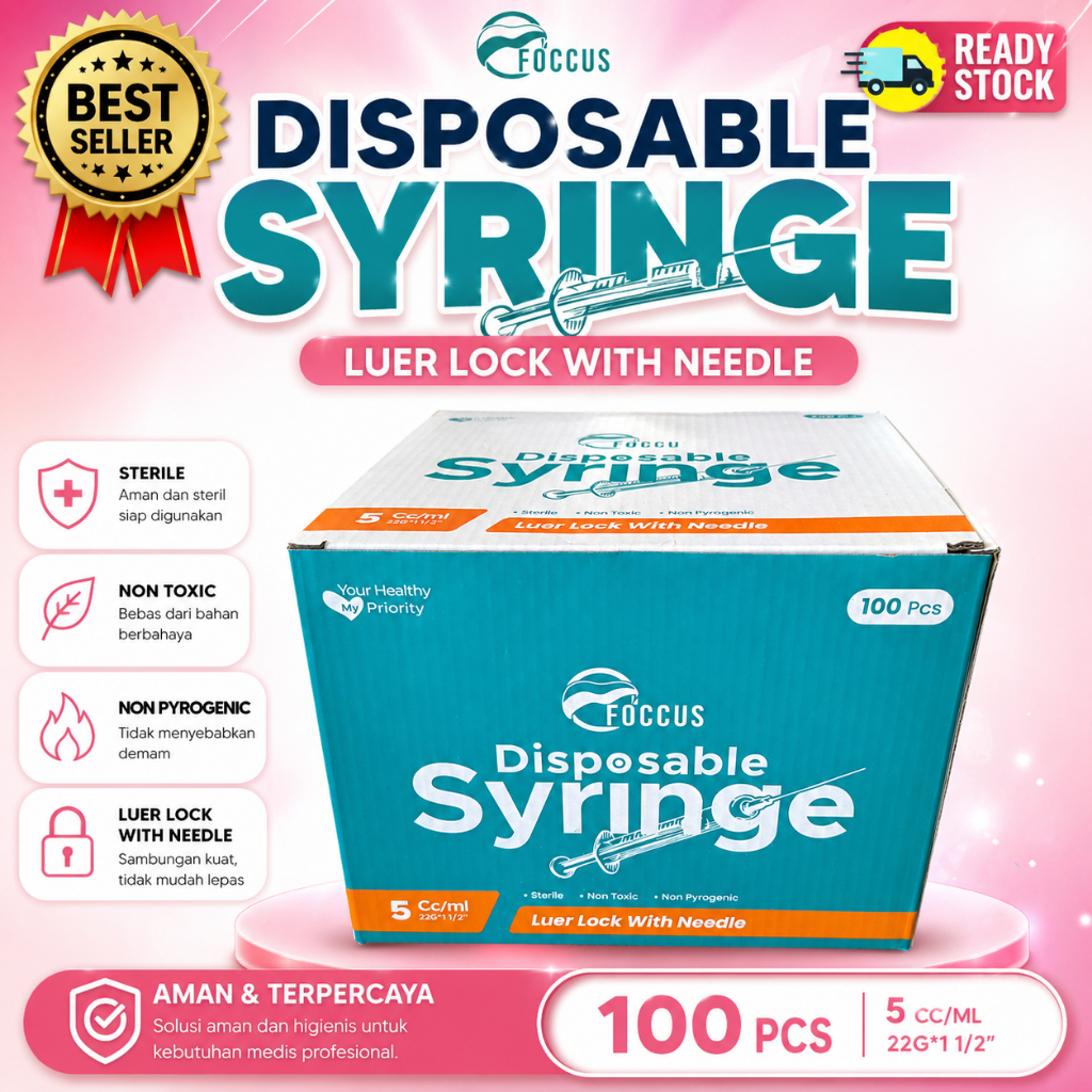 Disposable Syringe 5cc Luer Lock with Needle 22G 1½” FOCCUS 100 pcs – Spuit Steril Medis Non Toxic N
