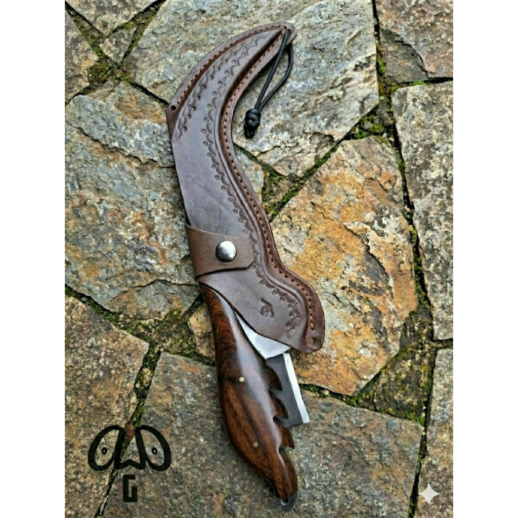 Pisau Kudii bahan baja per sepuh gagang kayu sarung kulit