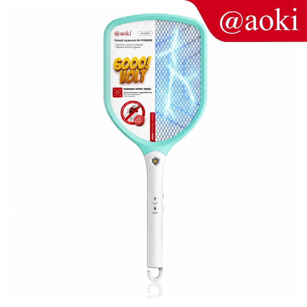 AOKI Raket Nyamuk Rechargeable – Tegangan Tinggi 6000V – Baterai Bisa Diganti – Baterai Lithium 1200