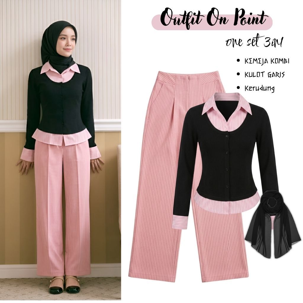 Satu Set Baju Wanita Korean Style ( Kemeja Kombinasi + Kulot Garis + Hijab ) Outfit Remaja - 081