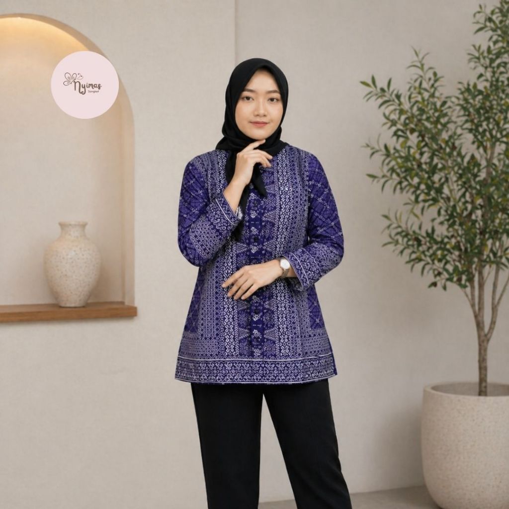 Blouse Batik Wanita Jumputan Model E | Atasan Batik Modern Lengan Panjang | Baju Kerja & Santai