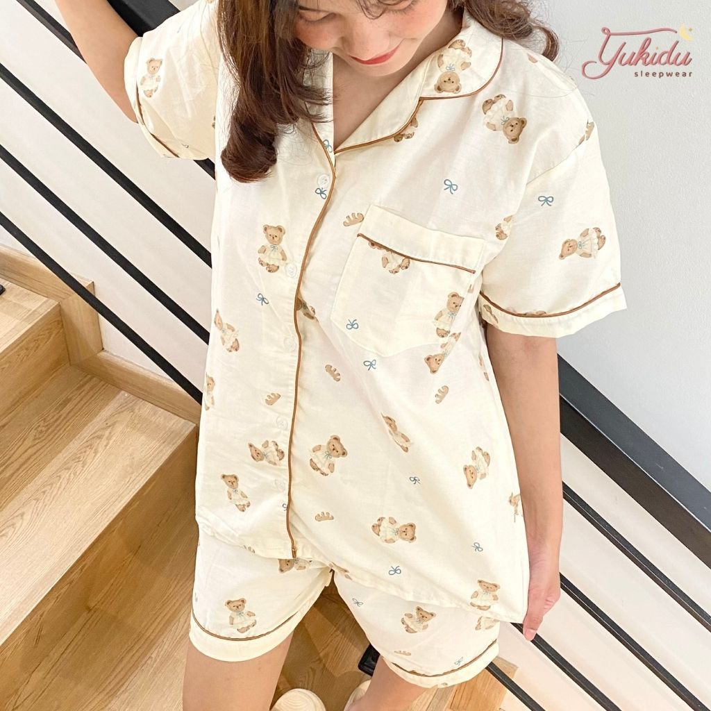 Yukidu Sleepwear Setelan Piyama Dewasa Bear Cute Blue Katun Jepang