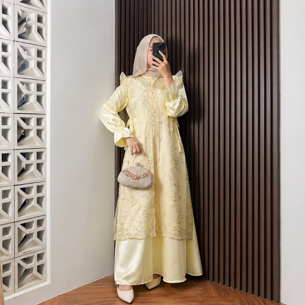 Yasmin Dress Brokat Butter Yellow Baju Kondangan Lebaran Wanita Terbaru Kekinian Simple Elegan