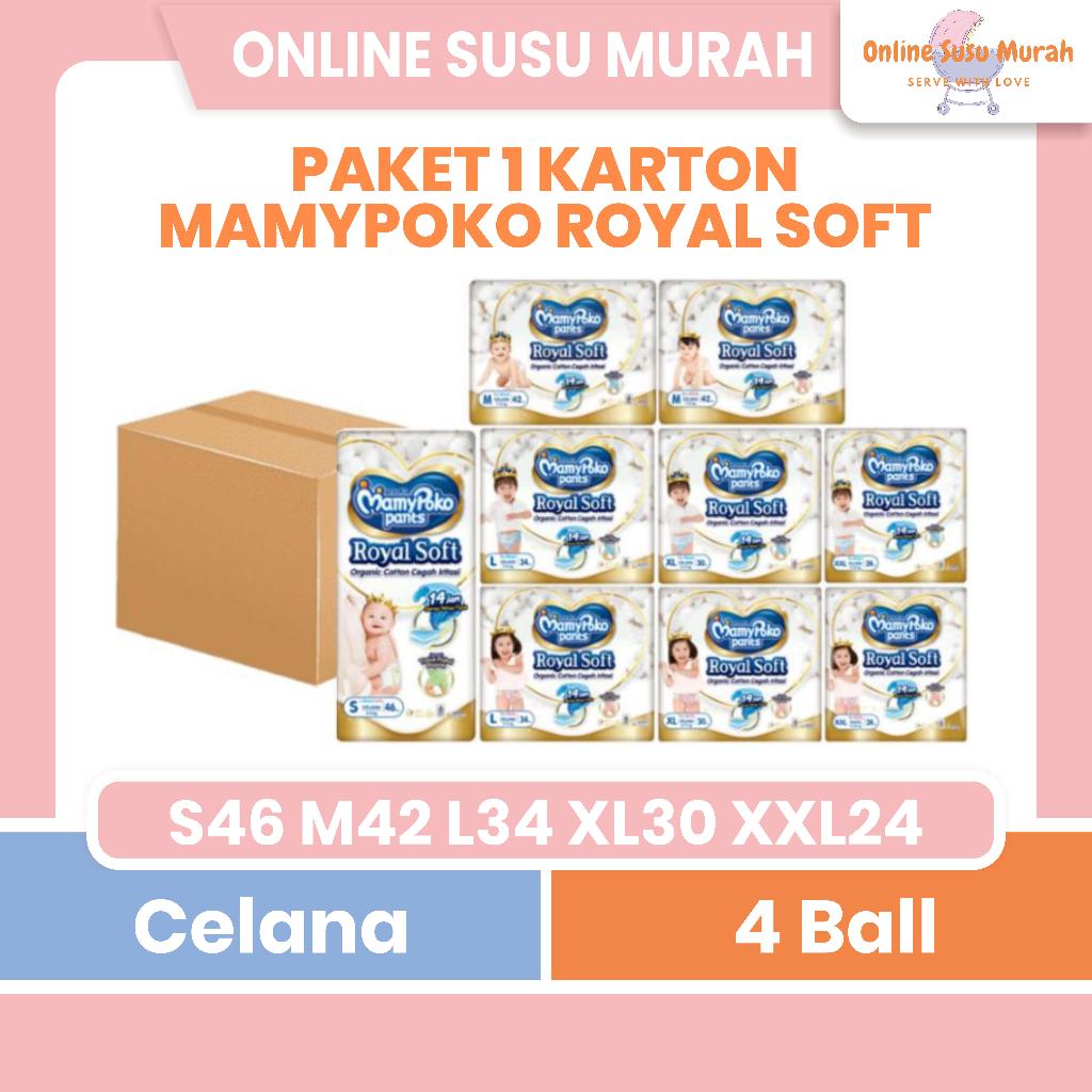MAMYPOKO ROYAL SOFT PANTS PAKET 4 BALL 1 KARTON S 46 M 42 L 34 XL 30 XXL 24 BOY GIRL COTTON PPKS