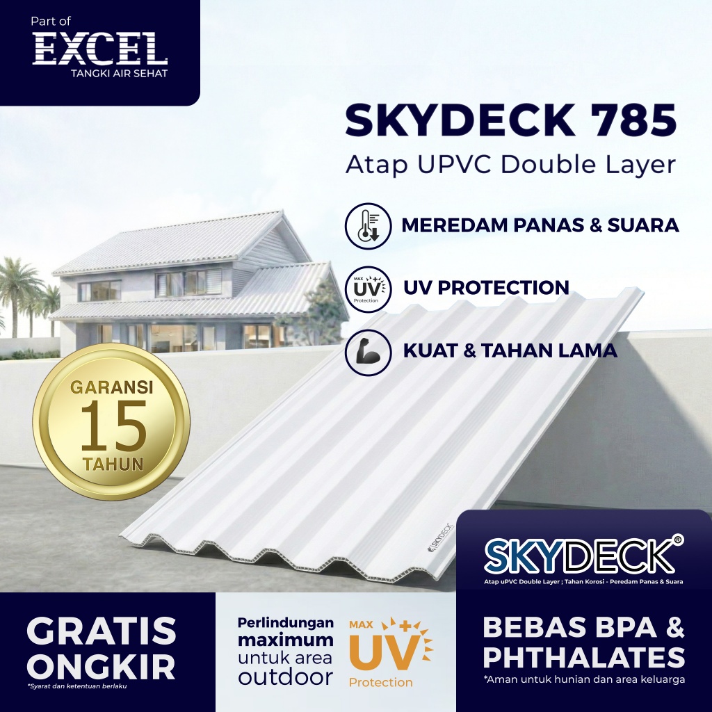 Atap uPVC SKYDECK 785 Double Layer 10mm – Whitedoff - Atap Dingin Anti Bocor, Peredam Panas & Suara 