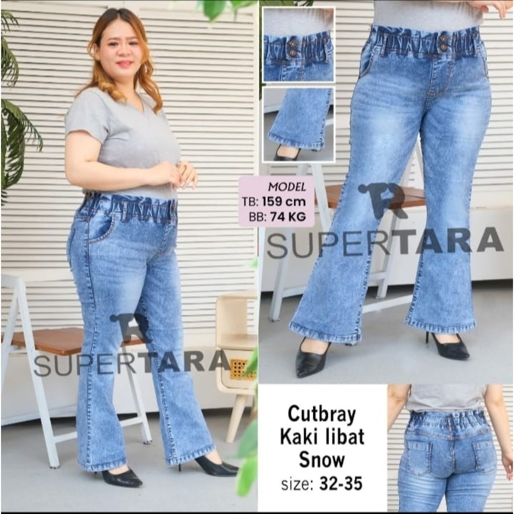 Celana Cutbray Jeans Wanita Snow Blue Jumbo Size