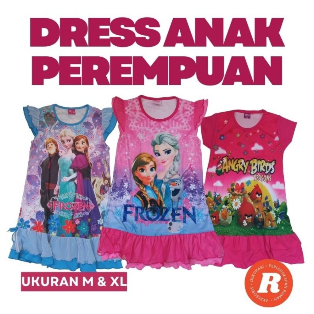 Dress Anak Perempuan Gambar Frozen dan Angry Bird Daster Anak Lucu Warna Pink dan Biru