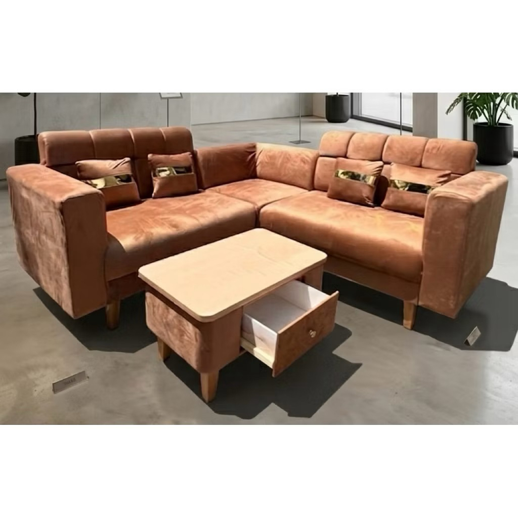 Sofa L Novera dengan free meja laci dan bantal sudah satu set bahan bludru velvet