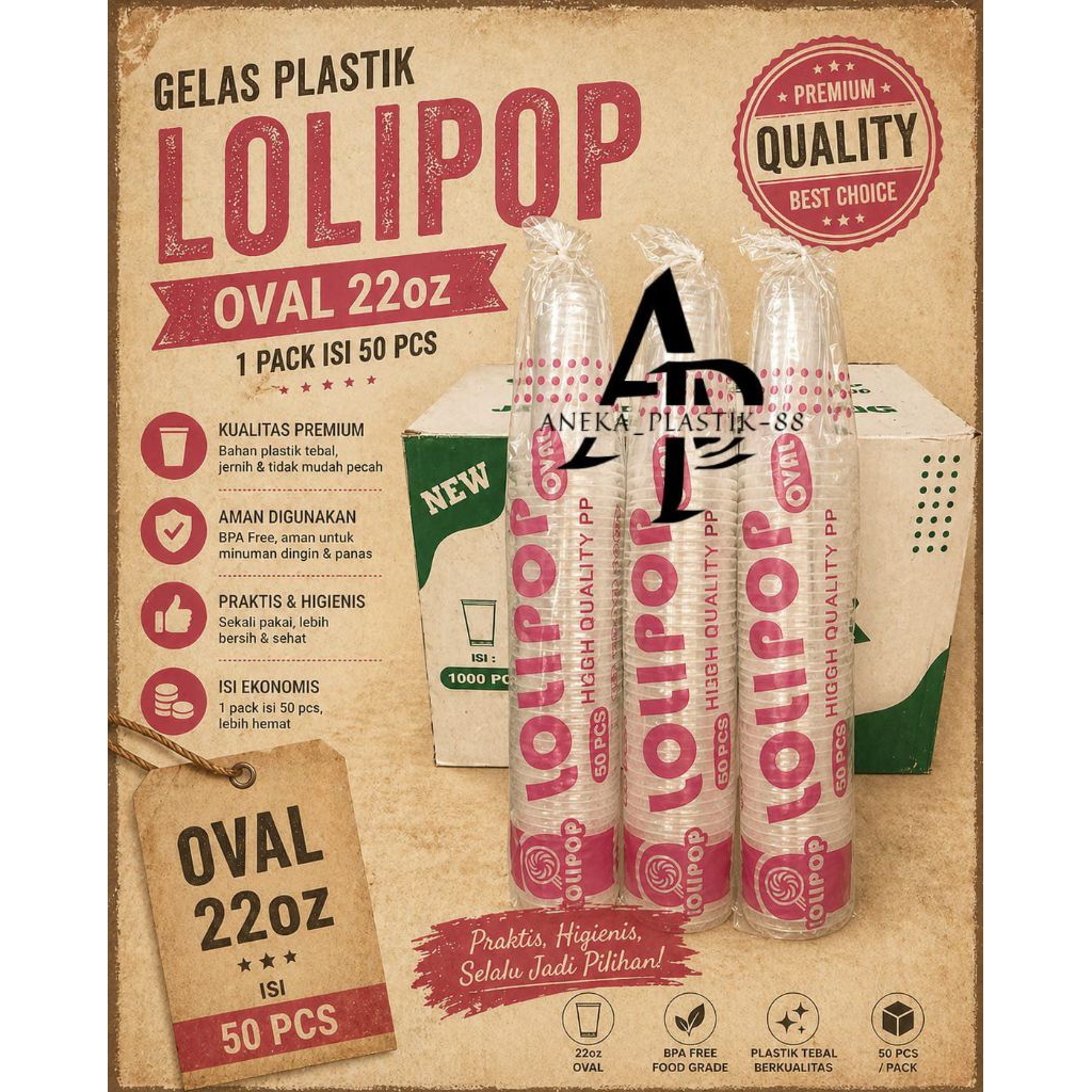 Gelas Oval 22Oz 1Pack isi 50Pcs Gelas Oval Plastik 22Oz U Cup 22 Oz