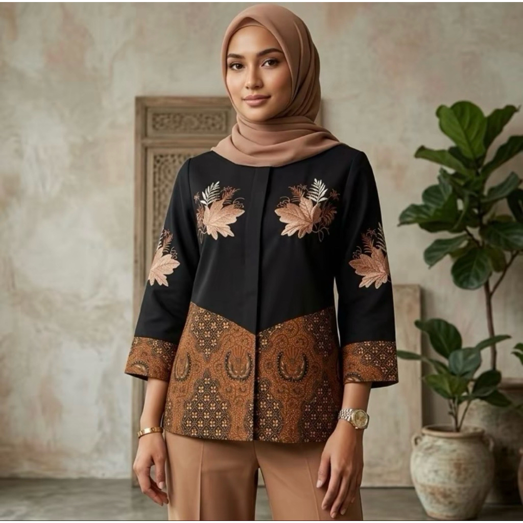 Atasan Batik Wanita Bordir Premium | Blouse Batik Modern Hitam Motif Etnik Elegan | Shaqueena.Label