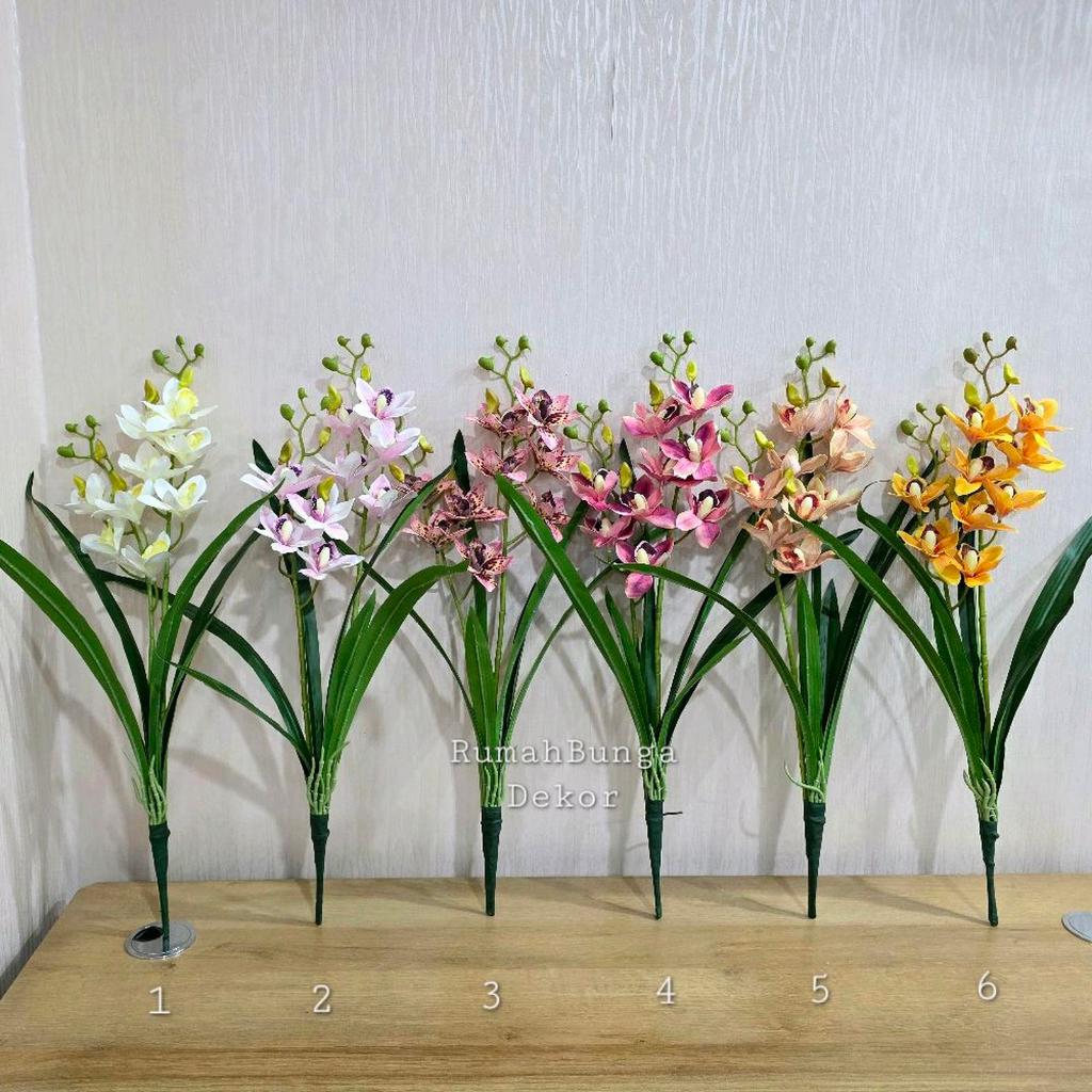 Bunga Anggrek Cymbidium Latex Daun Premium Artificial / Artificial Cymbidium Orchid Cabang 2 ( Ada 6