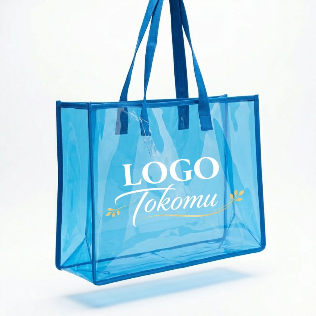 Tote Bag Mika Transparan Biru PVC Tebal – Tas Wanita Aesthetic Polos Custom Logo Ukuran Besar 39x30 