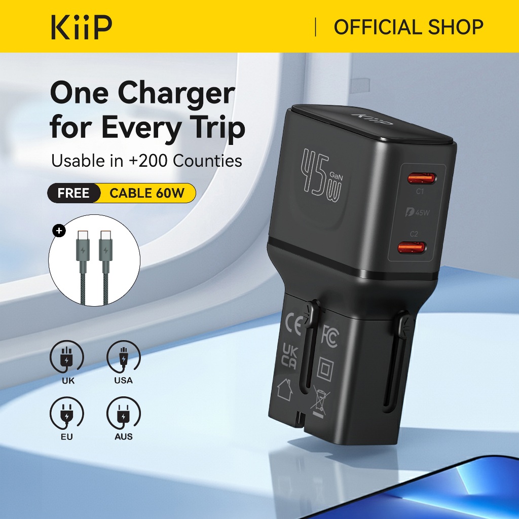 Kiip C35T Universal Travel Adaptor Charger Mini Fast Charging 45w GaN Portable Travel