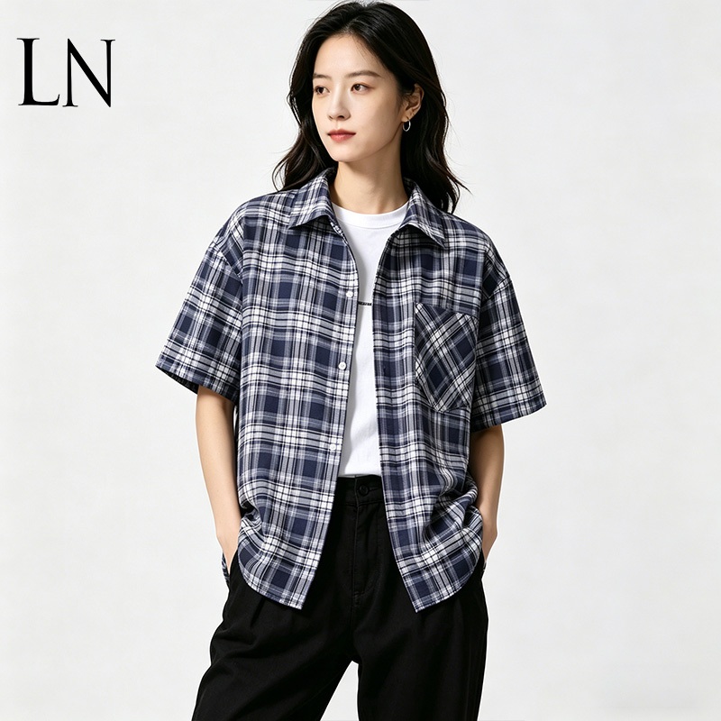 Produk baru-Kemeja Kasual Wanita Lengan Pendek Motif Kotak Oversize shirt kemeja oversize wanita kam