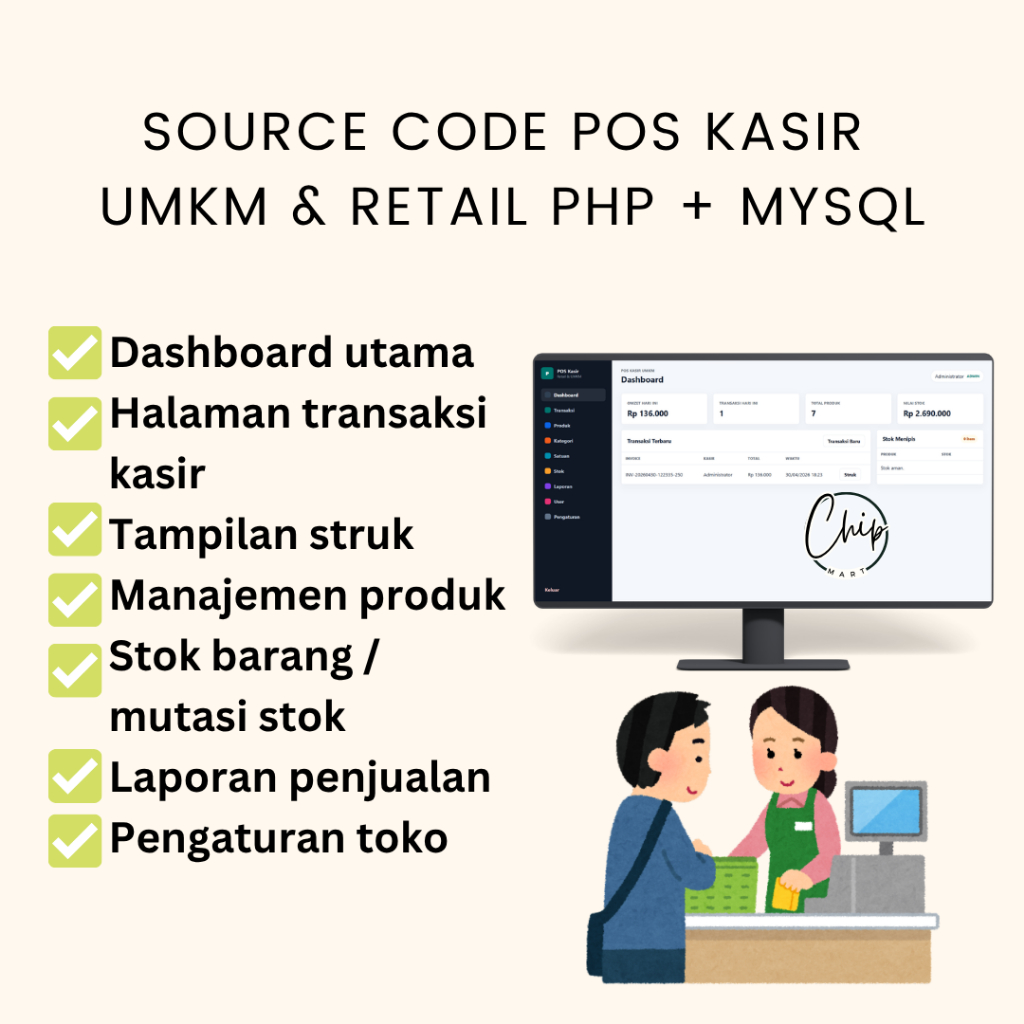 Source Code Web POS Kasir  UMKM & RETAIL PHP + MySQL+ Stok Barang + Struk + Multi User+ Laporan Penj