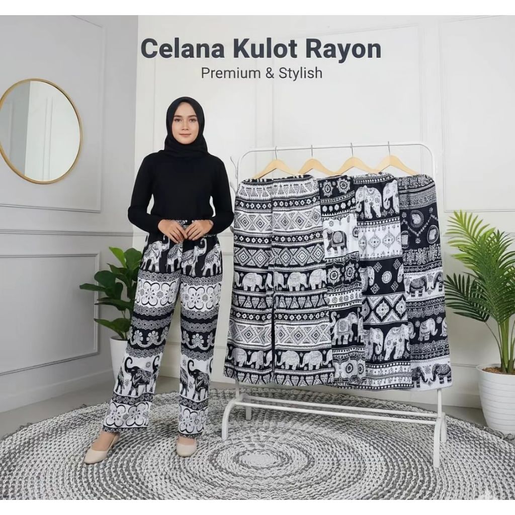 Celana kulot rayon panjang motif gajah wanita Jumbo Kain bali nyaman panjang All size