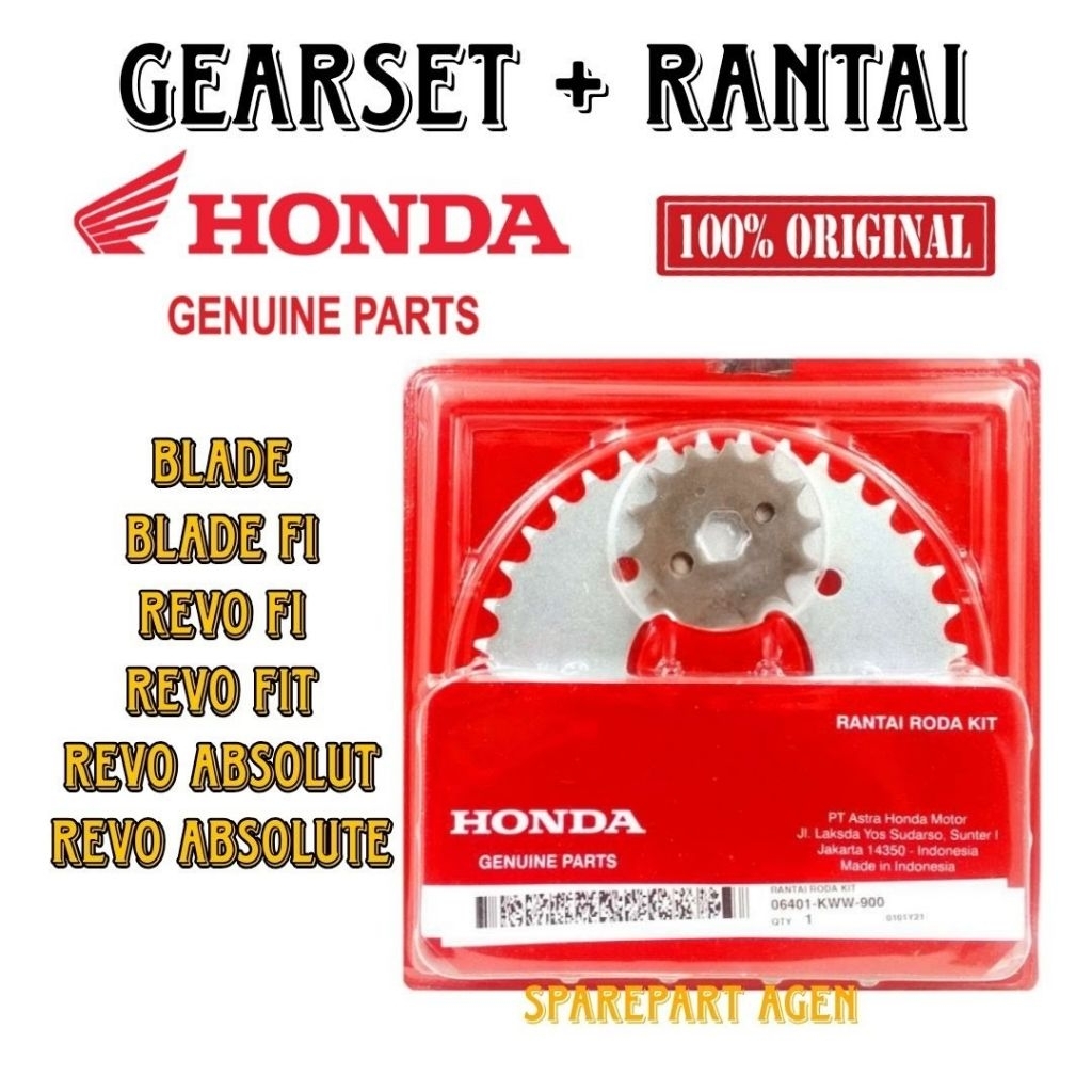 Gearset + rantai ORIGINAL HONDA kode part KWW untuk motor Blade, Blade fi, Revo fi, Revo fit, Revo C