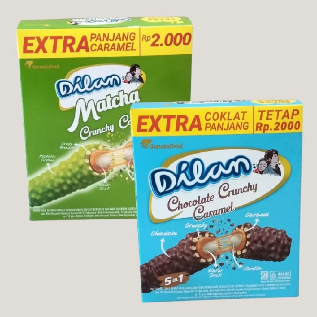 Dilan Crunchy Choco Caramel dan Matcha. Wafer Roll stick berbalut coklat 12pcs/Box
