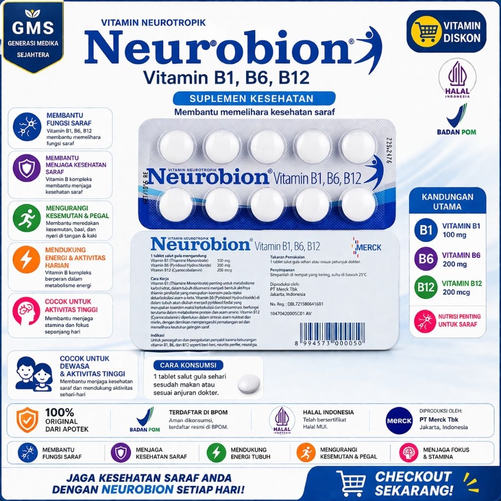 Neurobion Tablet putih (original 100%)  Vitamin B1, B6, B12 untuk Saraf Sehat, keram, kaku, kebas, k