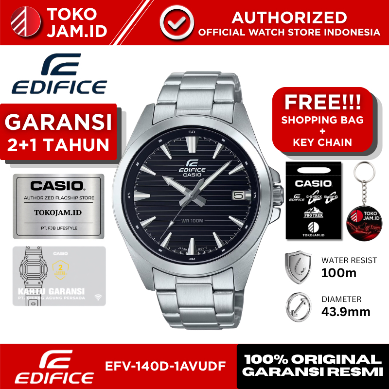 Jam Tangan Pria Casio Edifice EFV-140D-1AVUDF Original Analog Black Dial Stainless Steel Bracelet Da