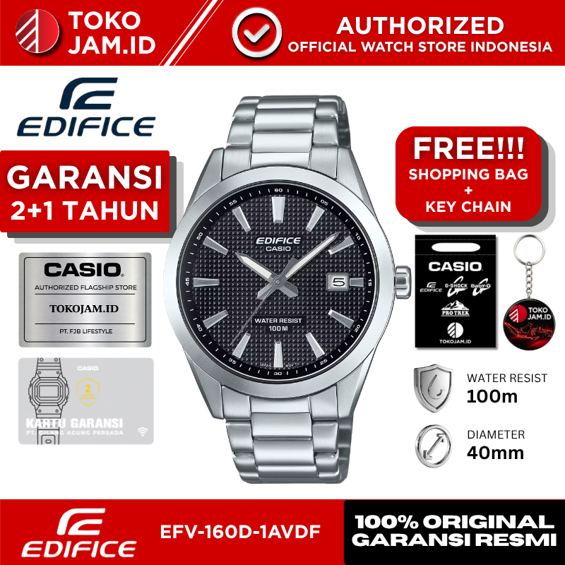 Jam Tangan Pria Casio Edifice EFV-160D-1AVDF Original Analog Stainless Steel Black Dial Mineral Glas