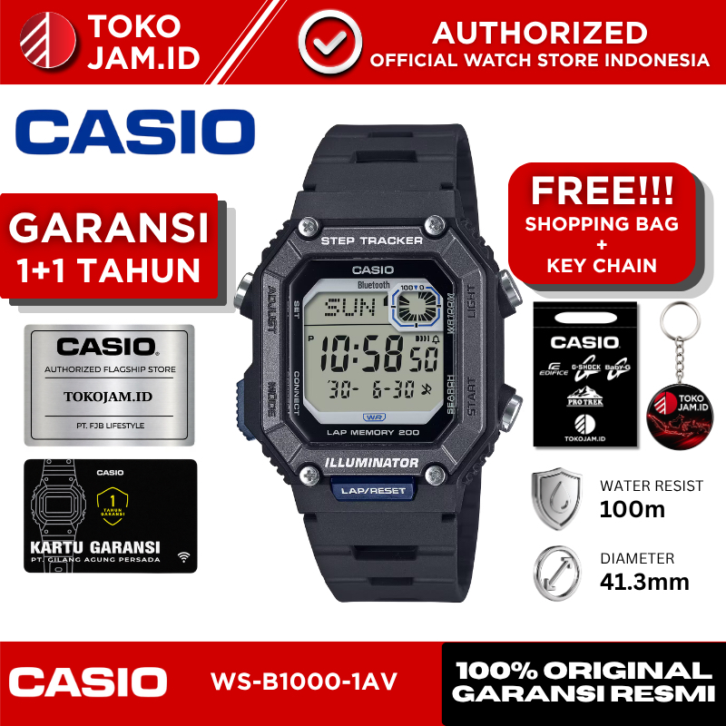 Jam Tangan Pria Casio WS-B1000-1AV Original Digital Black Bluetooth Step Tracker Sport LED Alarm Sto